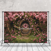 Lofaris Vintage Wooden Door Pink Flowers Tree Photo Backdrop